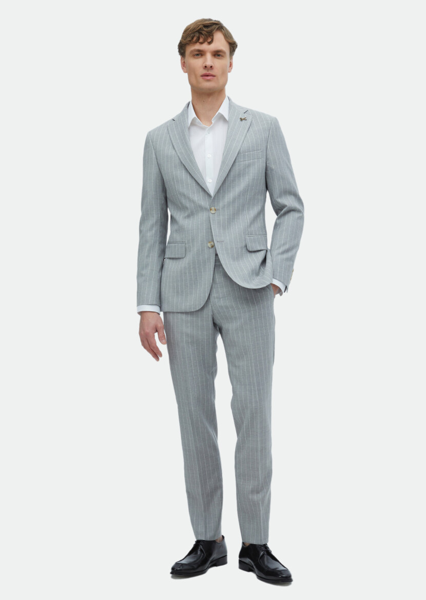 Gri Çizgili Zeroweight Slim Fit %100 Yün Takım Elbise - 2
