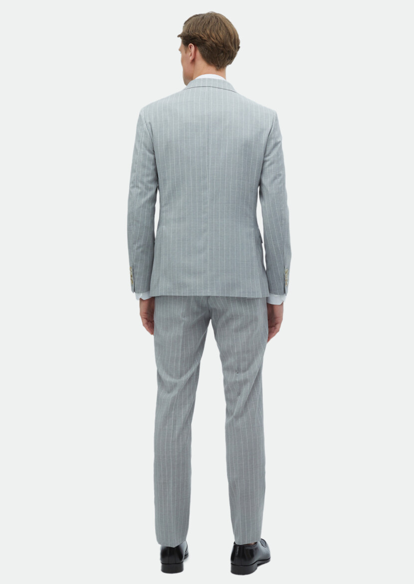 Gri Çizgili Zeroweight Slim Fit %100 Yün Takım Elbise - 6