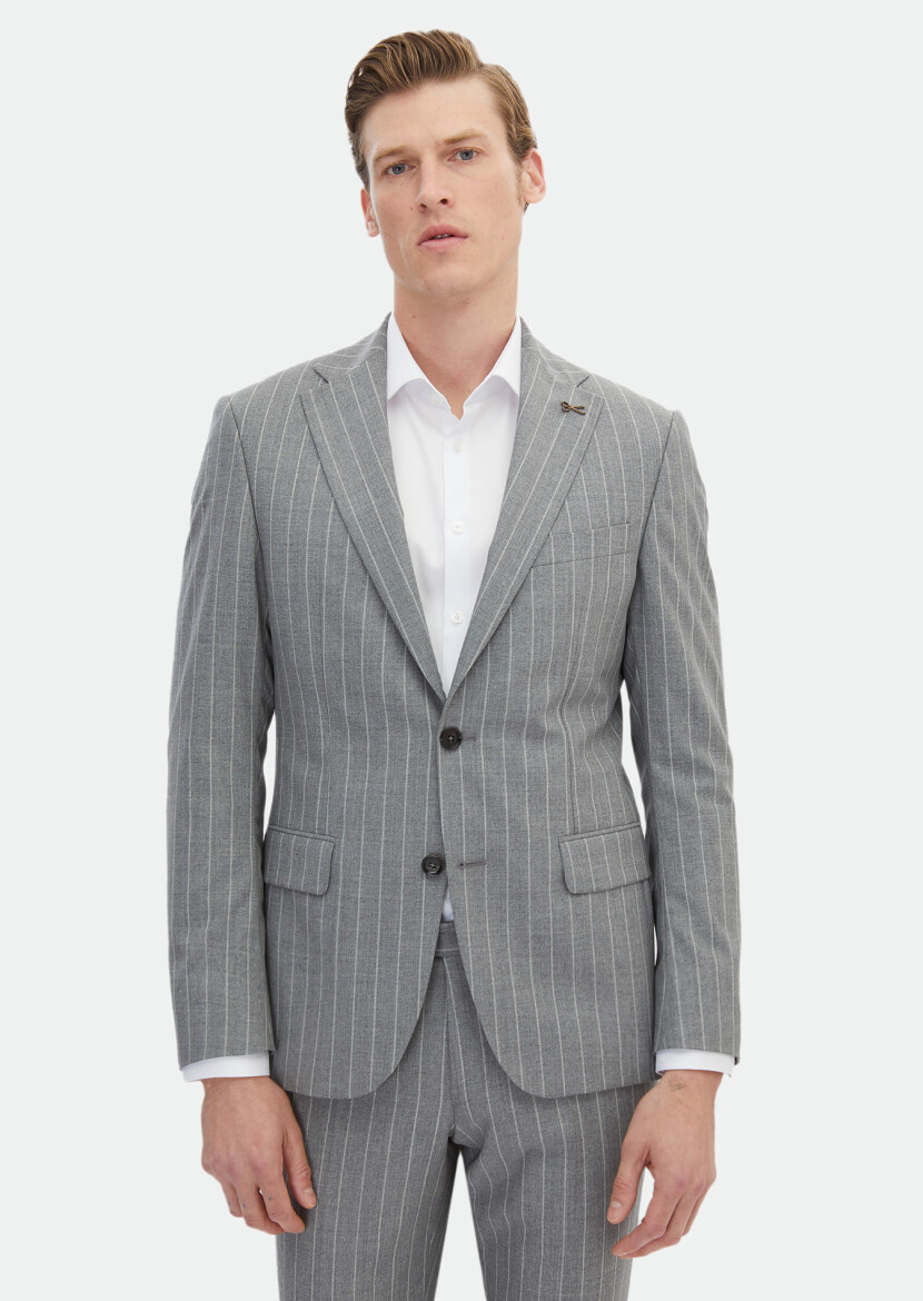 Gri Çizgili Zeroweight Slim Fit İpek Karışımlı Takım Elbise - 1