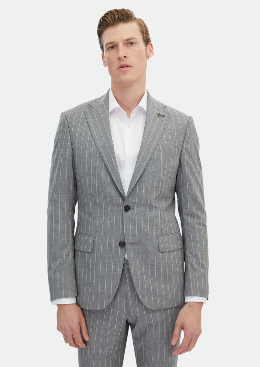 Gri Çizgili Zeroweight Slim Fit İpek Karışımlı Takım Elbise - 1