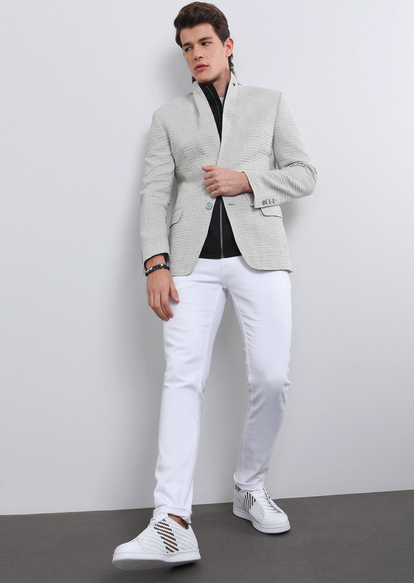 Gri Çizgili Zeroweight Slim Fit Pamuk Karışımlı Ceket - 2