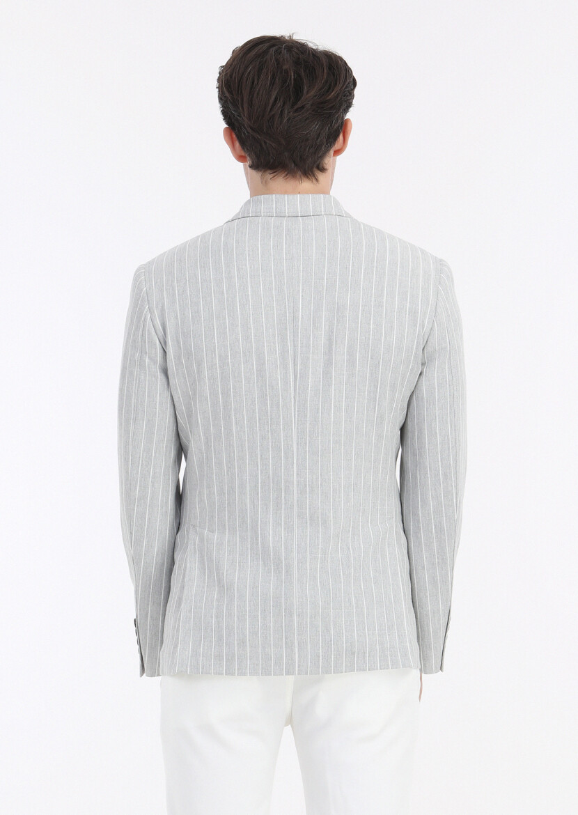 Gri Çizgili Zeroweight Slim Fit Pamuk Karışımlı Ceket - 5