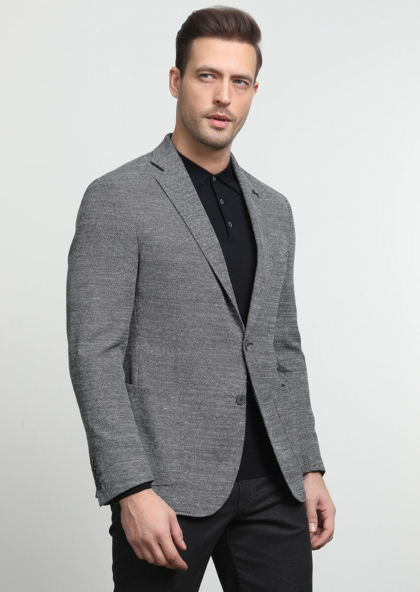 Gri Desenli Zeroweight Slim Fit Pamuk Karışımlı Örme Ceket - 1