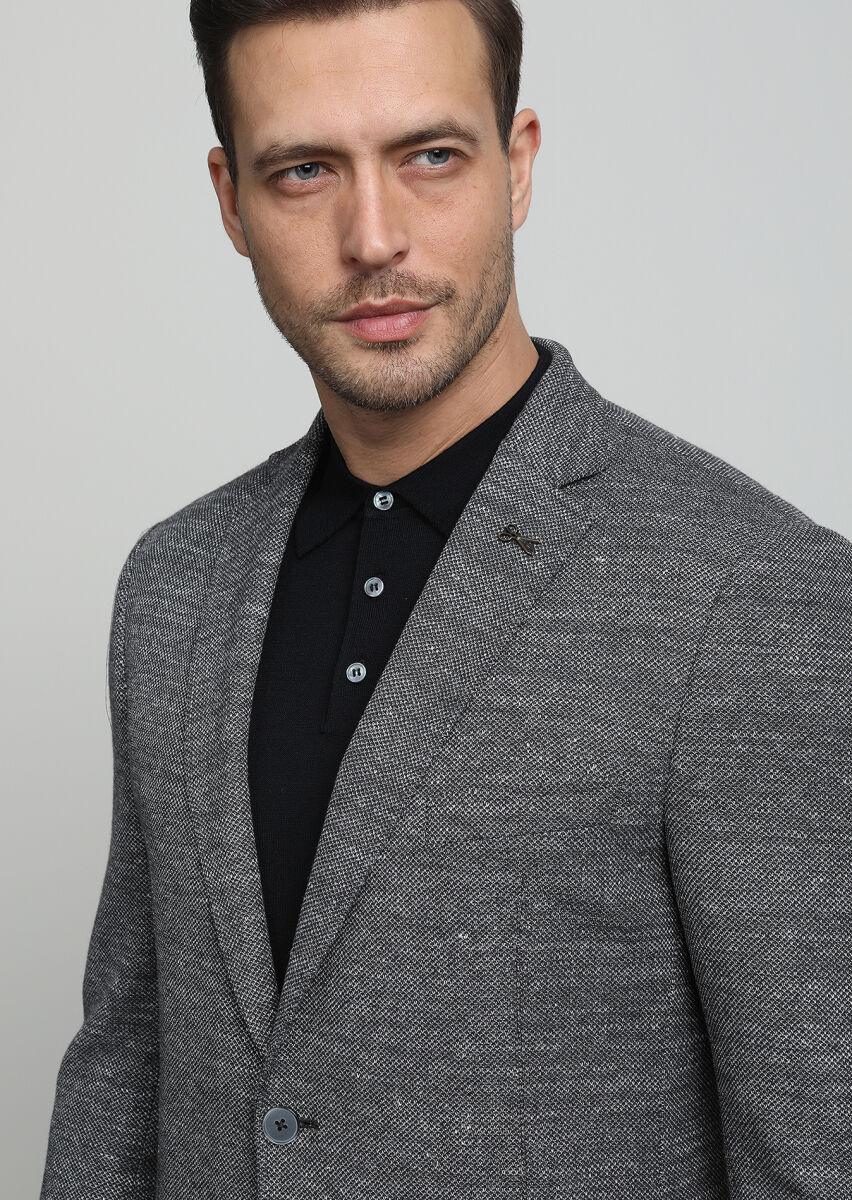 Gri Desenli Zeroweight Slim Fit Pamuk Karışımlı Örme Ceket - 2