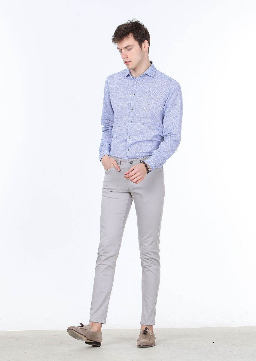 Gri Dokuma Slim Fit Casual Pamuk Karışımlı Pantolon - 2