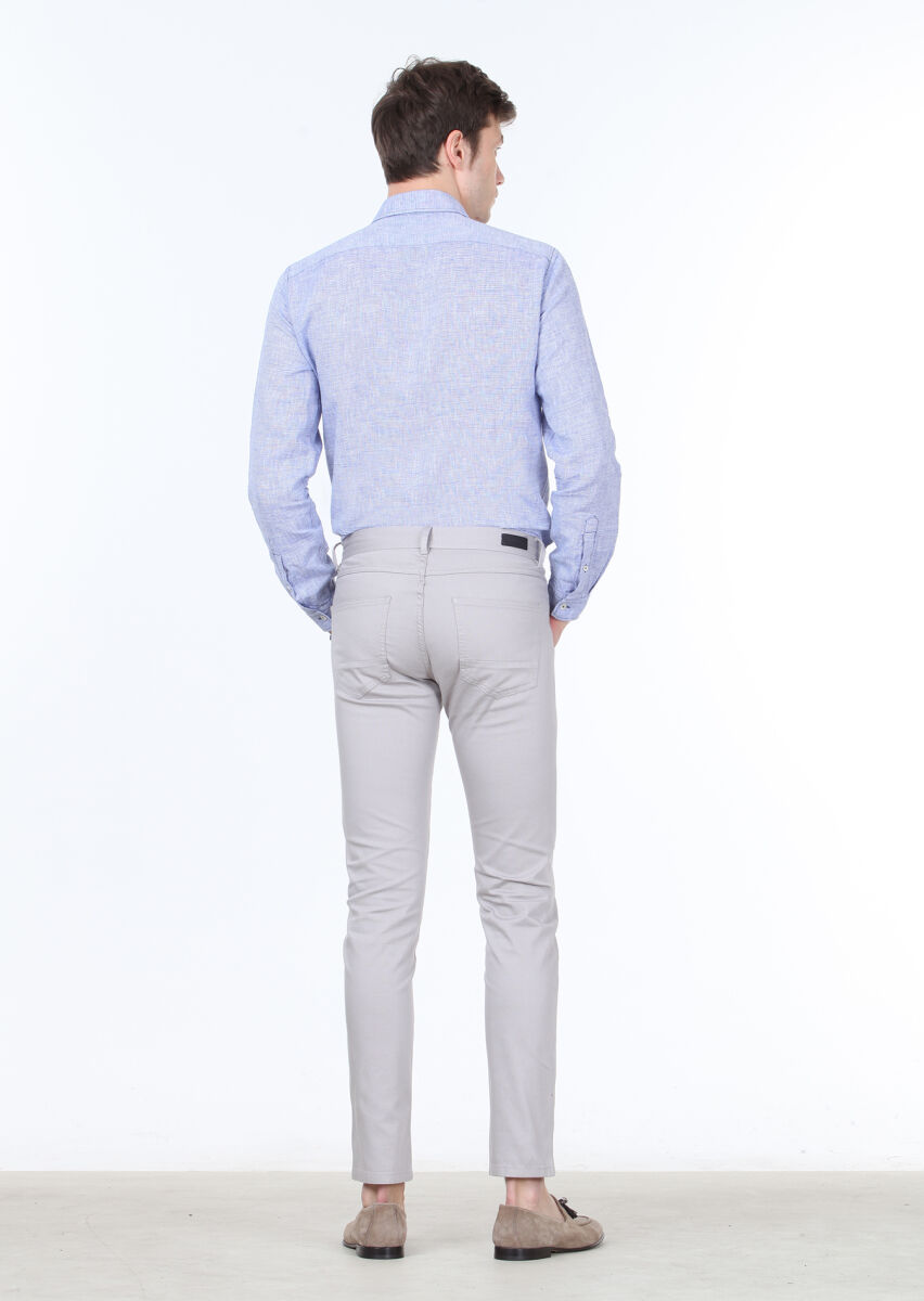 Gri Dokuma Slim Fit Casual Pamuk Karışımlı Pantolon - 4