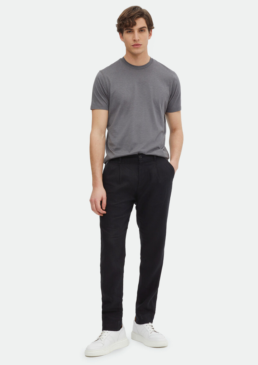 Gri Düz Bisiklet Yaka İpek Karışımlı T-Shirt 