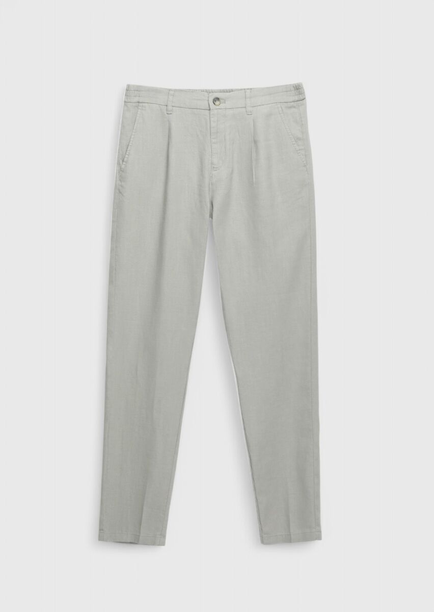Gri Düz Dokuma Jogging Fit Casual %100 Keten Pantolon - 6
