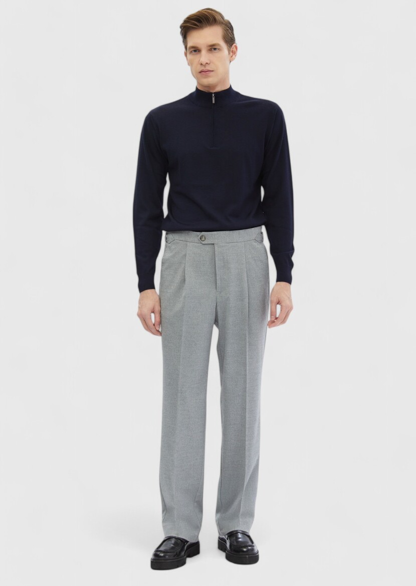 Gri Düz Dokuma Loose Fit Casual Pantolon - 1