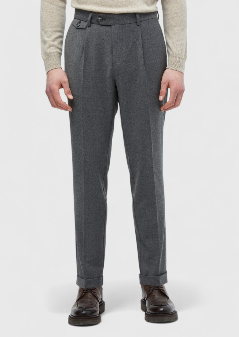 Gri Düz Dokuma Regular Fit Casual Yün Karışımlı Pantolon 