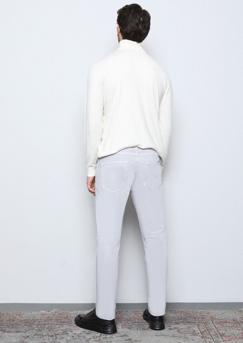 Gri Düz Dokuma Slim Fit Casual Pamuk Karışımlı Pantolon - 5