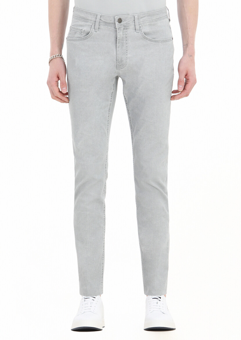 Gri Düz Dokuma Slim Fit Casual Pamuk Karışımlı Pantolon 