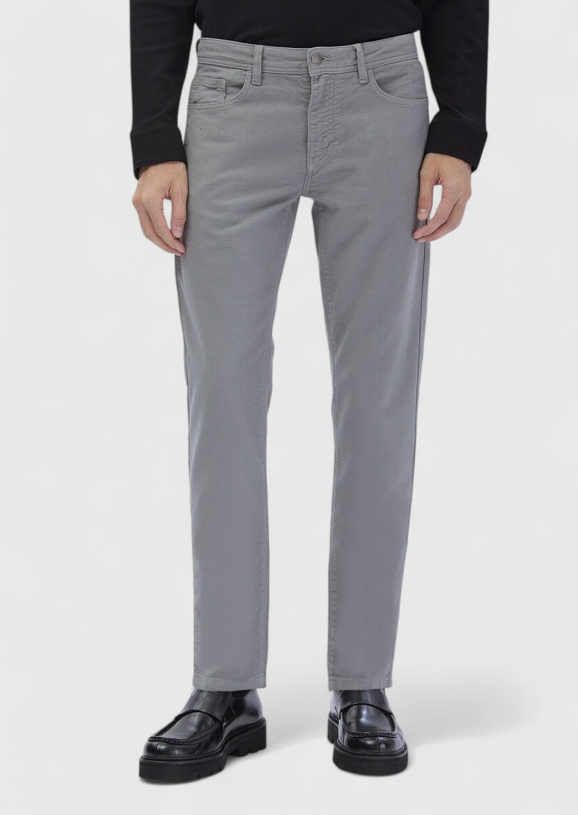 Gri Düz Dokuma Slim Fit Casual Pamuk Karışımlı Pantolon 