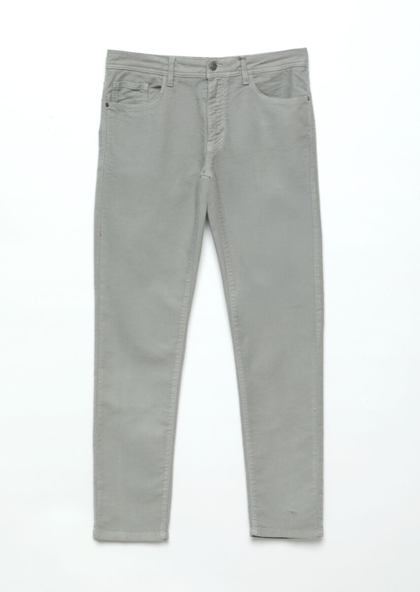Gri Düz Dokuma Slim Fit Casual Pamuk Karışımlı Pantolon - 7