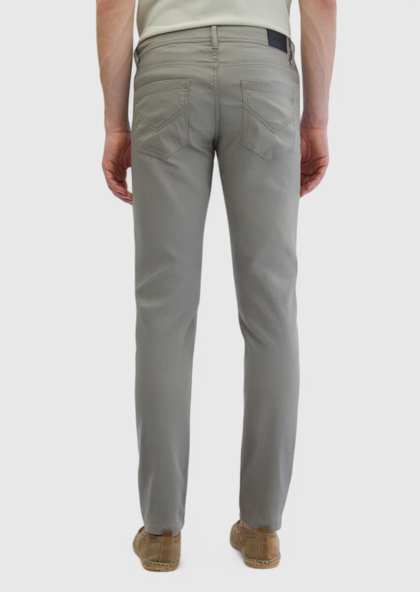 Gri Düz Dokuma Slim Fit Casual Pamuk Karışımlı Pantolon - 5