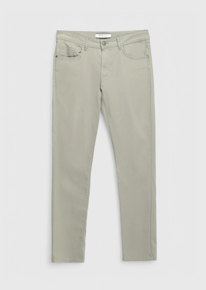 Gri Düz Dokuma Slim Fit Casual Pamuk Karışımlı Pantolon - 6