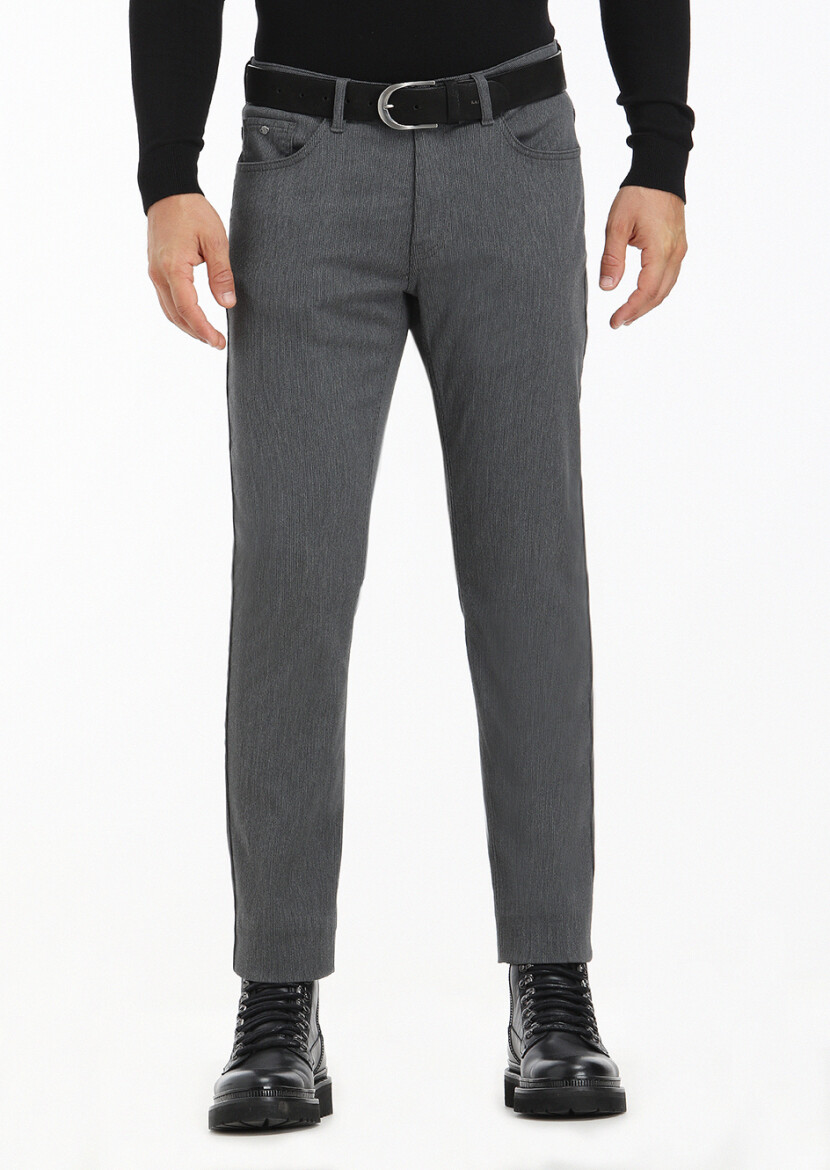 Gri Düz Dokuma Slim Fit Casual Pantolon 