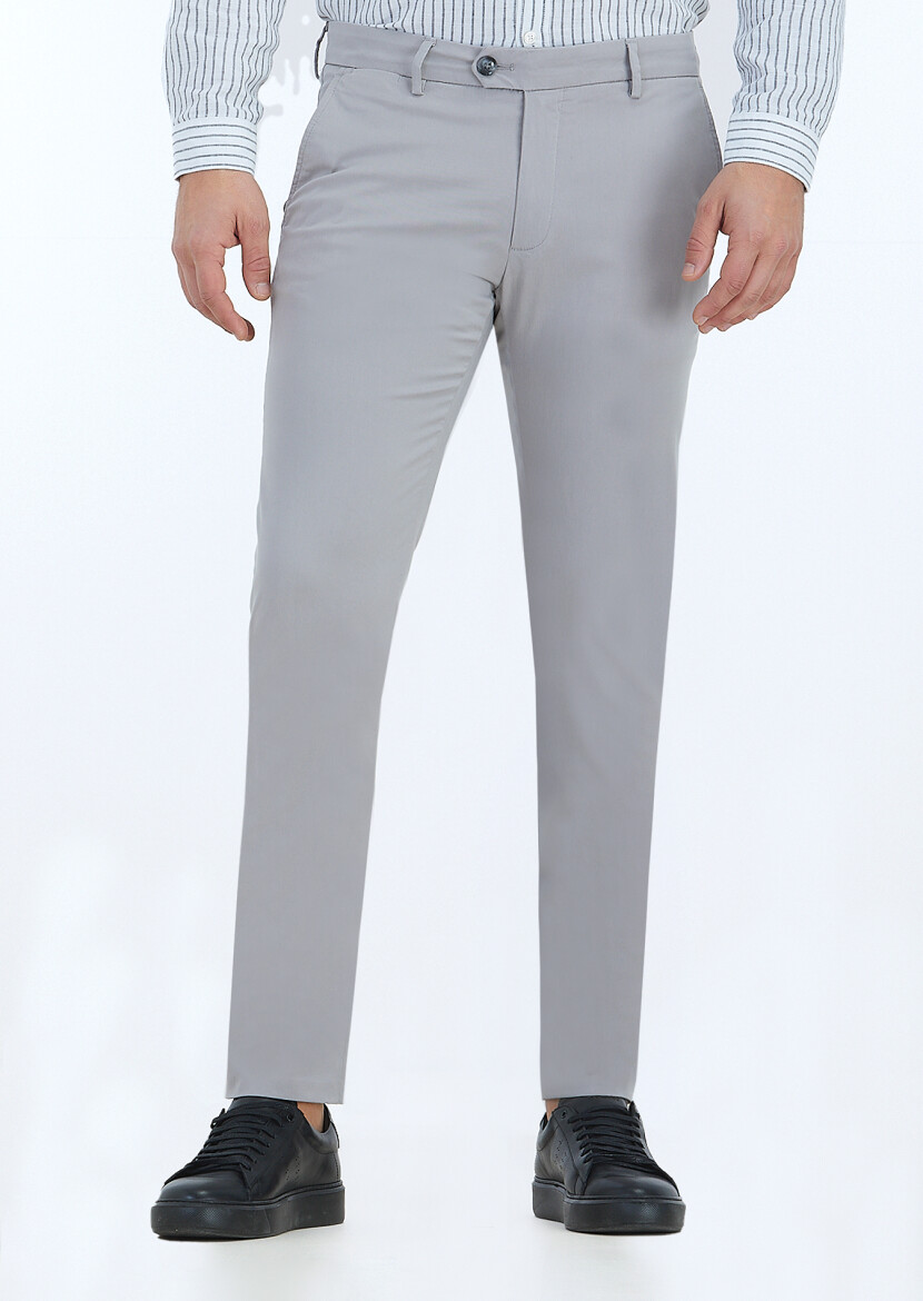 Gri Düz Dokuma Slim Fit Casual Pantolon 