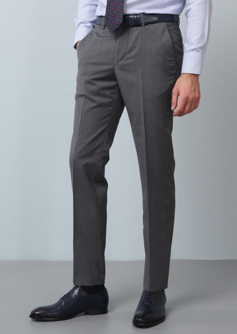 Gri Düz Kumaş Modern Fit Klasik %100 Yün Pantolon 