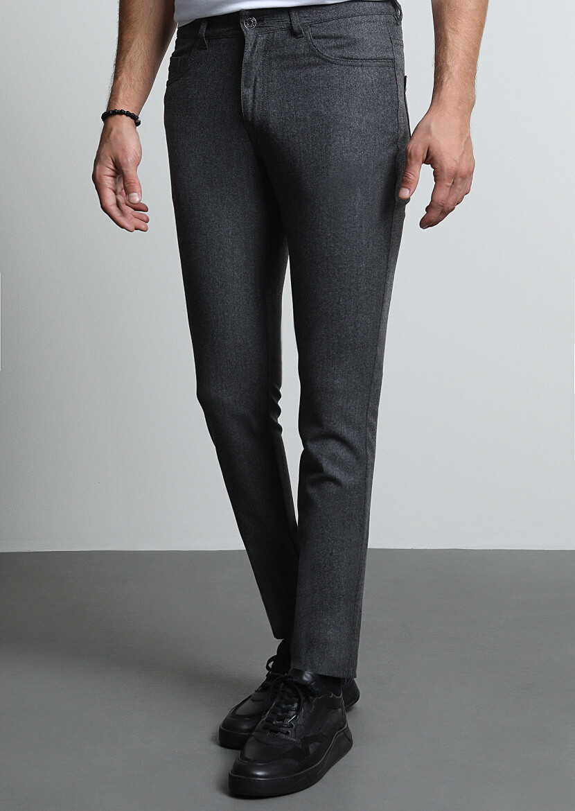 Gri Düz Kumaş Slim Fit Casual Yün Karışımlı Pantolon - 2