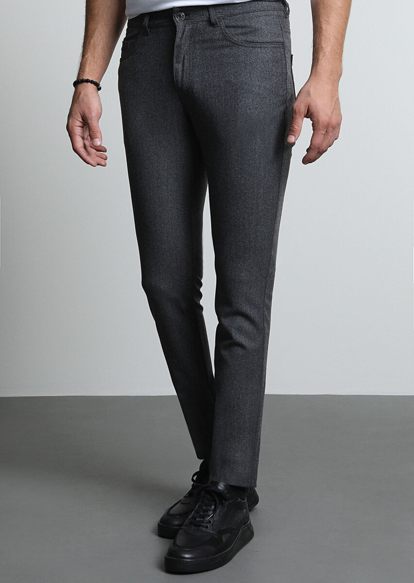 Gri Düz Kumaş Slim Fit Casual Yün Karışımlı Pantolon - 2