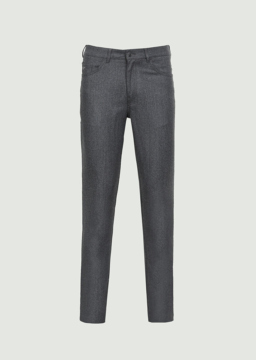 Gri Düz Kumaş Slim Fit Casual Yün Karışımlı Pantolon - 6