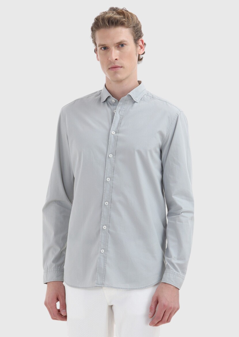 Gri Düz Regular Fit Dokuma Casual %100 Pamuk Gömlek 