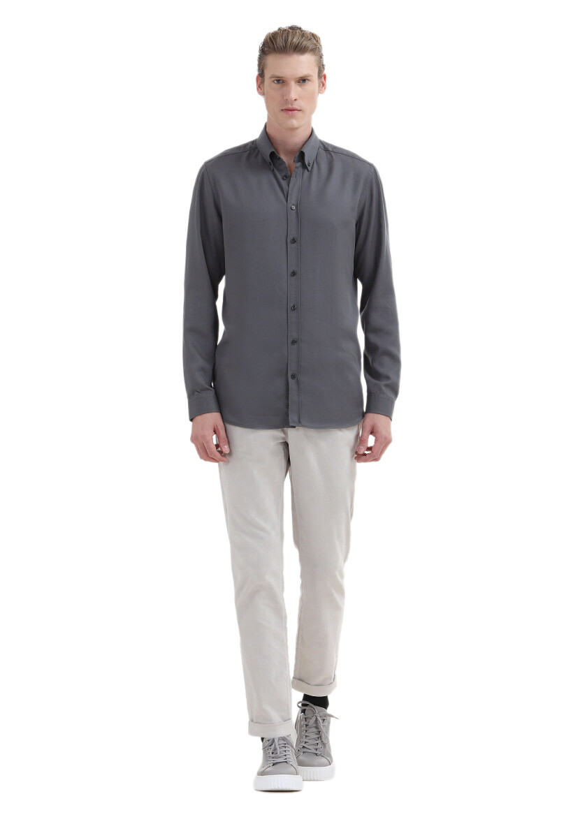 Gri Düz Regular Fit Dokuma Casual Gömlek 