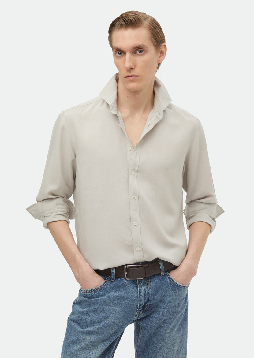 Gri Düz Regular Fit Dokuma Casual Keten Karışımlı Gömlek 