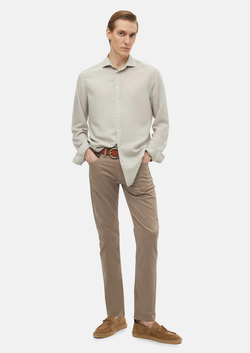 Gri Düz Regular Fit Dokuma Casual Keten Karışımlı Gömlek - 3