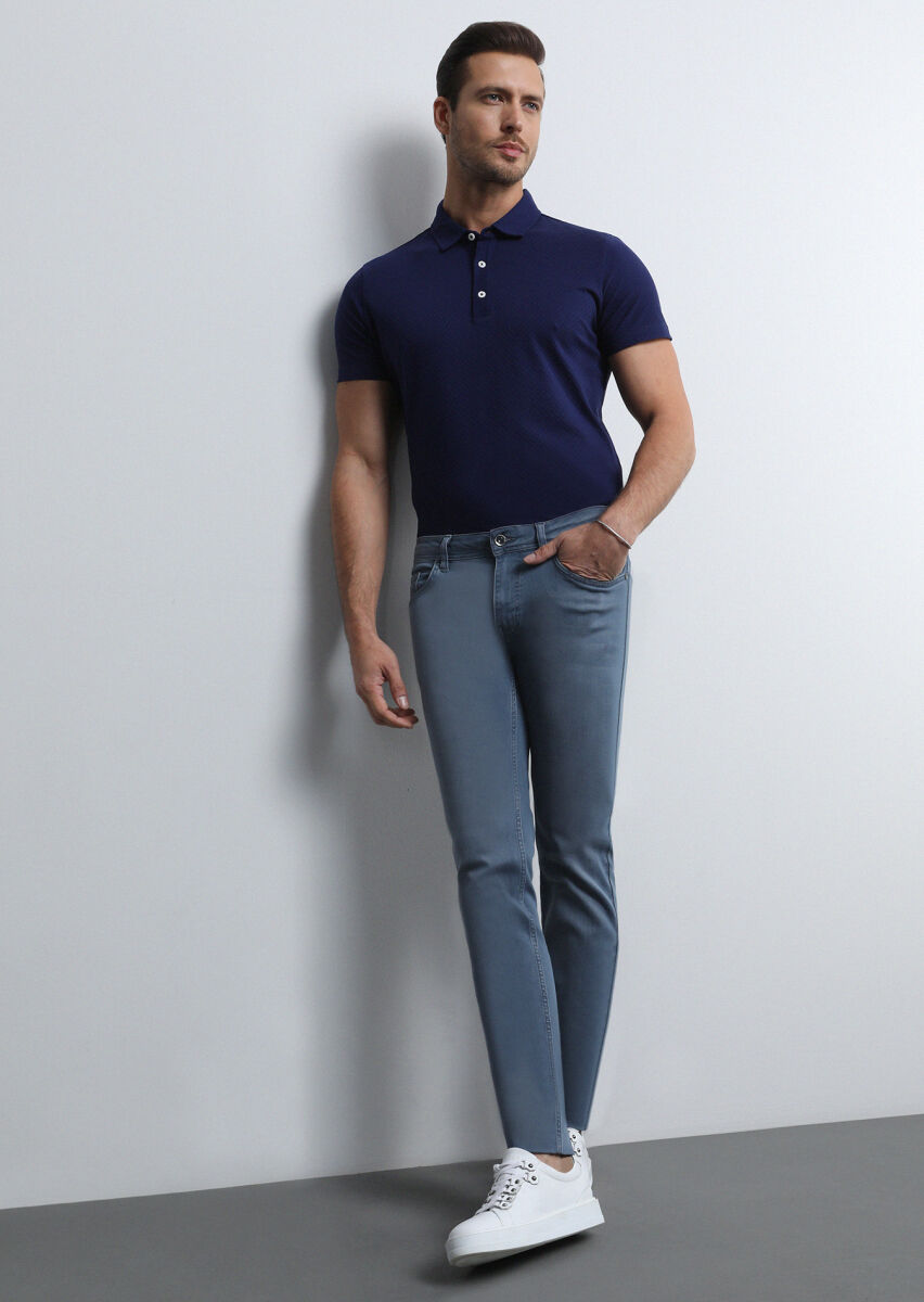 Gri Düz Slim Fit Denim Pamuk Karışımlı Pantolon - 2
