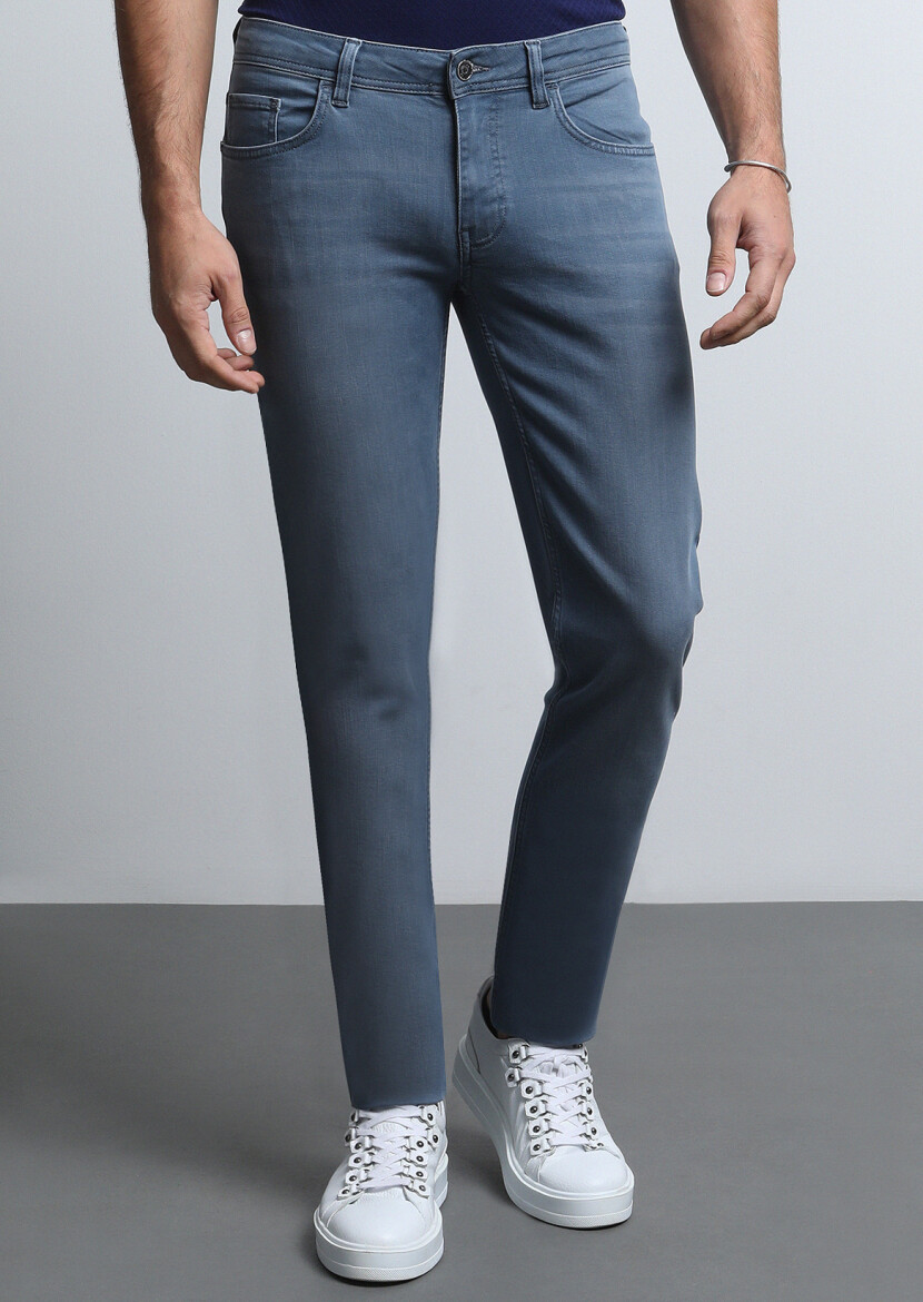 Gri Düz Slim Fit Denim Pamuk Karışımlı Pantolon - 3