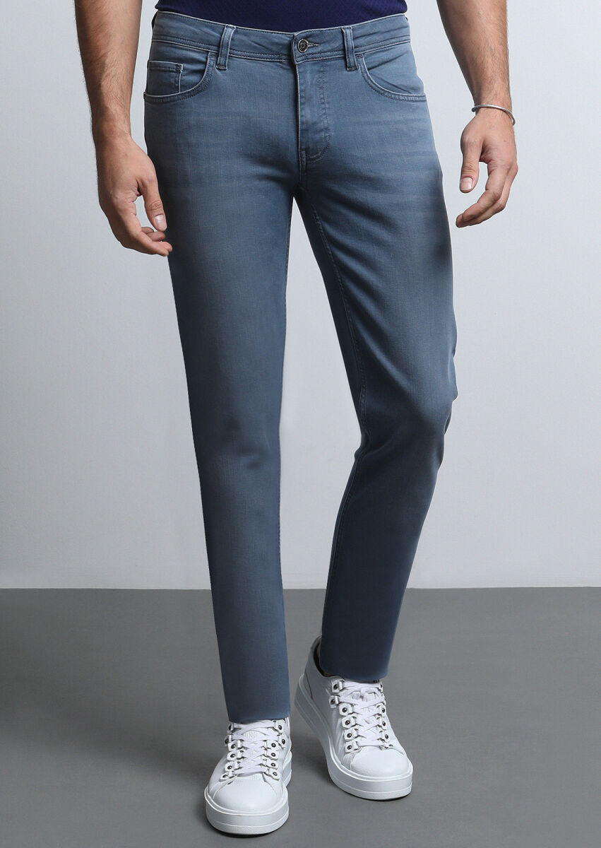 Gri Düz Slim Fit Denim Pamuk Karışımlı Pantolon - 3