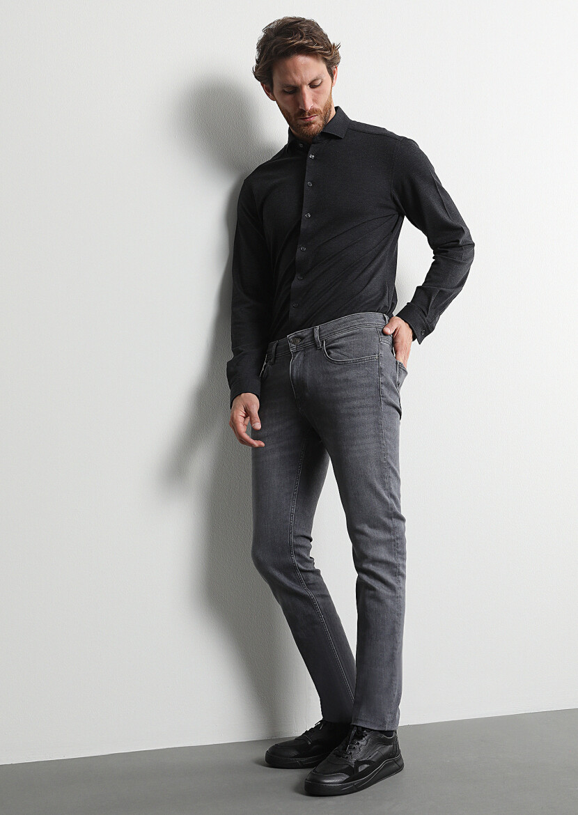 Gri Düz Slim Fit Denim Pamuk Karışımlı Pantolon - 1