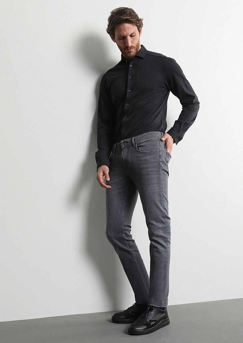 Gri Düz Slim Fit Denim Pamuk Karışımlı Pantolon - 1