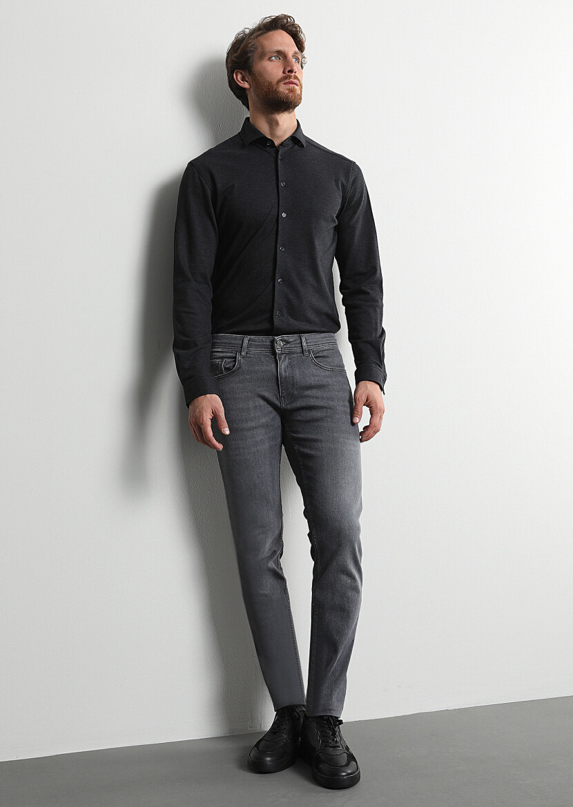 Gri Düz Slim Fit Denim Pamuk Karışımlı Pantolon - 4