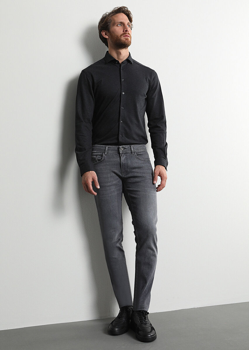 Gri Düz Slim Fit Denim Pamuk Karışımlı Pantolon - 4