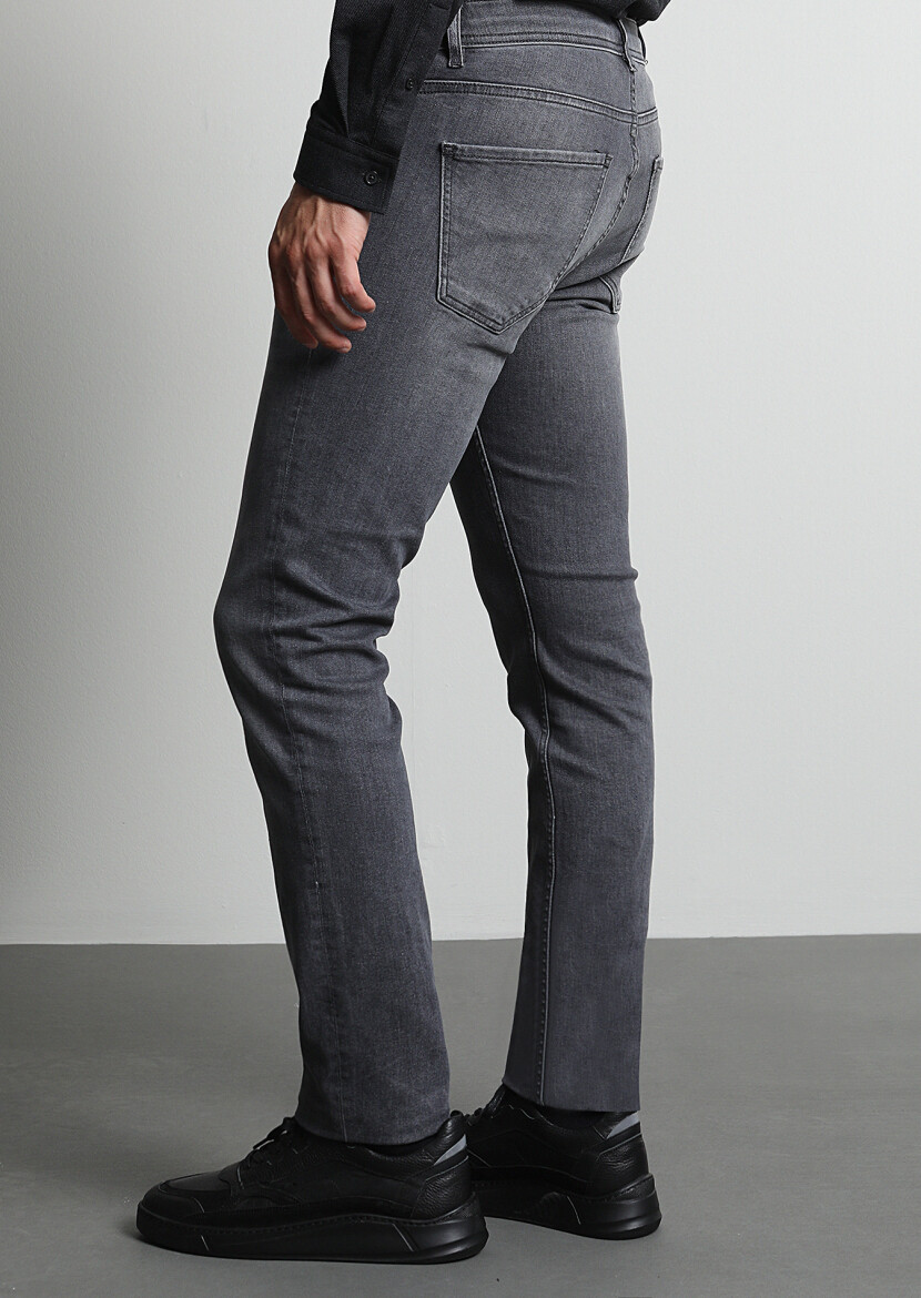 Gri Düz Slim Fit Denim Pamuk Karışımlı Pantolon - 5