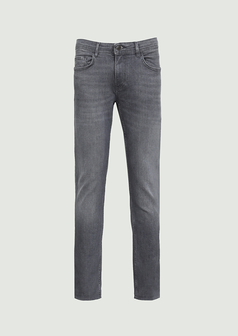 Gri Düz Slim Fit Denim Pamuk Karışımlı Pantolon - 6