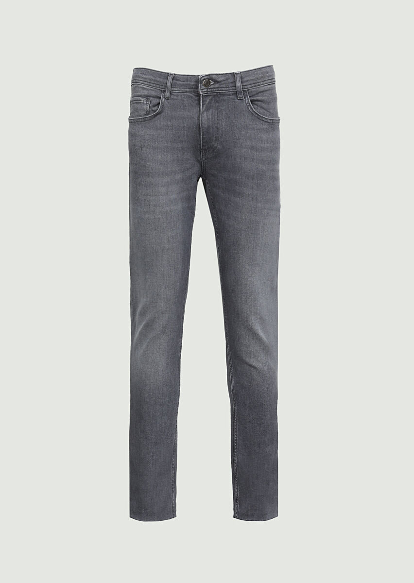 Gri Düz Slim Fit Denim Pamuk Karışımlı Pantolon - 6