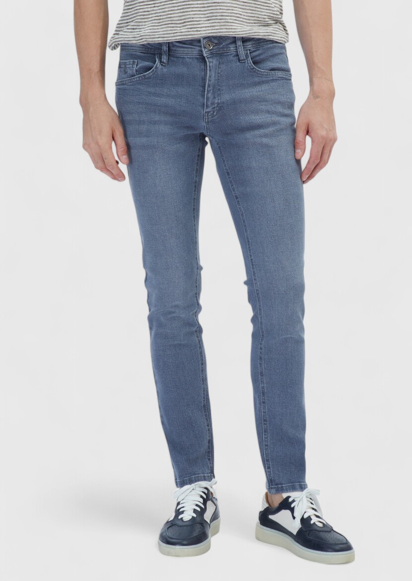 Gri Düz Slim Fit Denim Pamuk Karışımlı Pantolon 