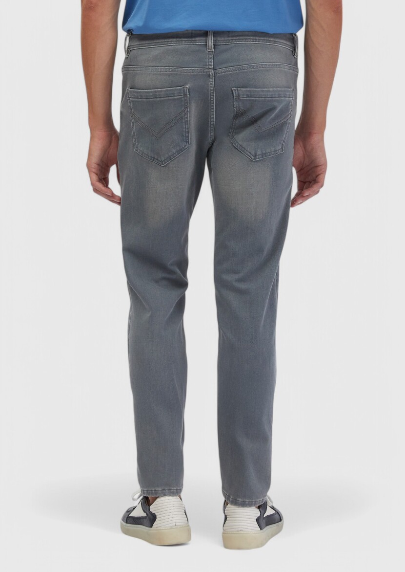 Gri Düz Slim Fit Denim Pamuk Karışımlı Pantolon - 4