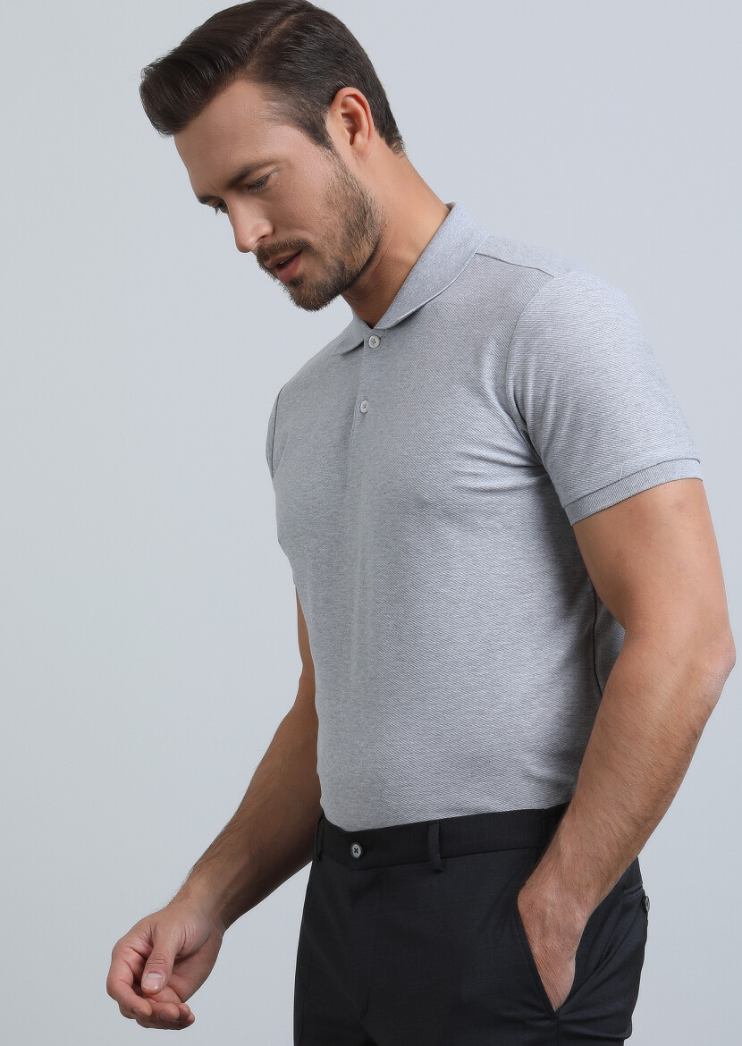 Gri Jakarlı Polo Yaka %100 Pamuk T-Shirt - 1