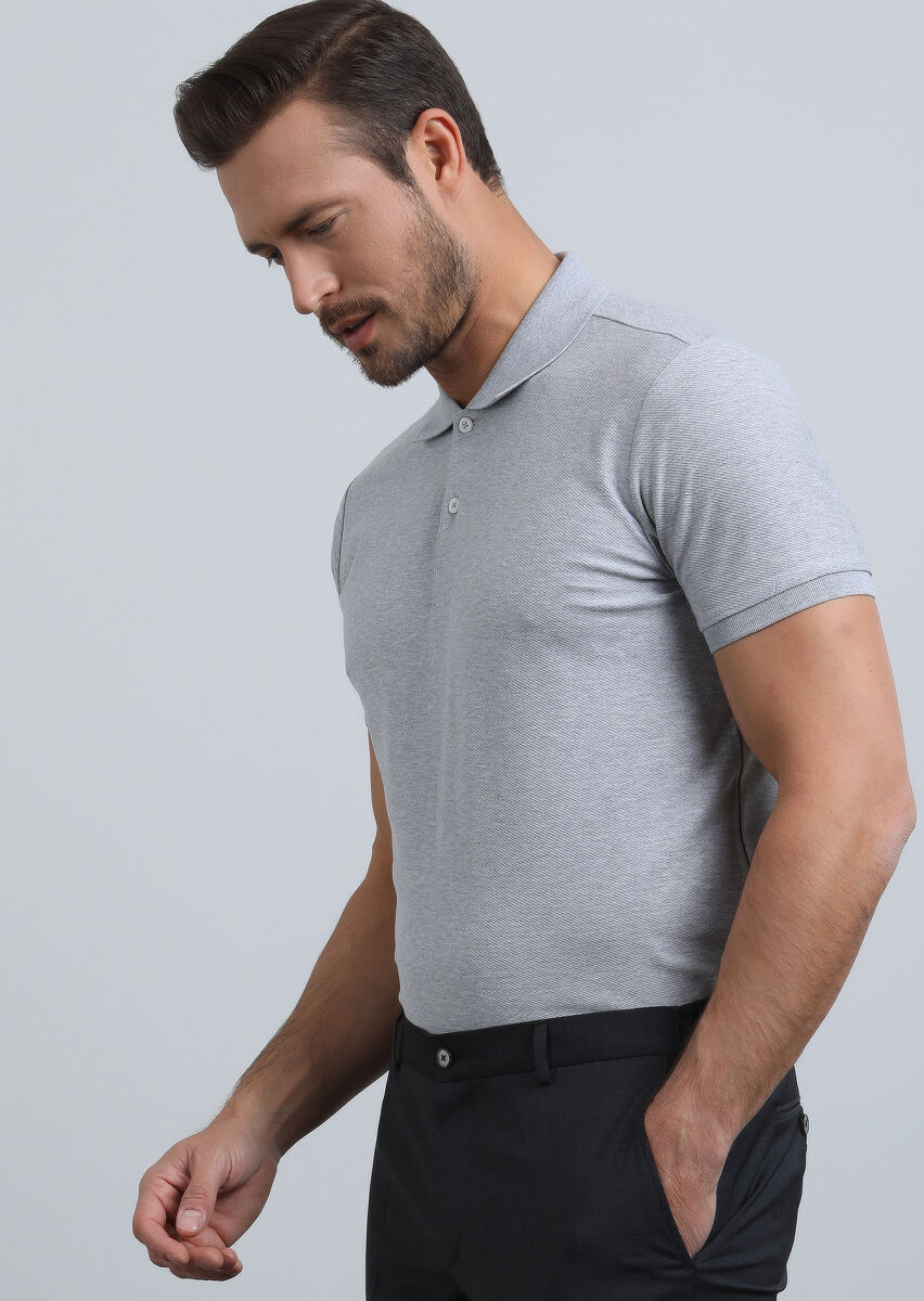 Gri Jakarlı Polo Yaka %100 Pamuk T-Shirt - 1