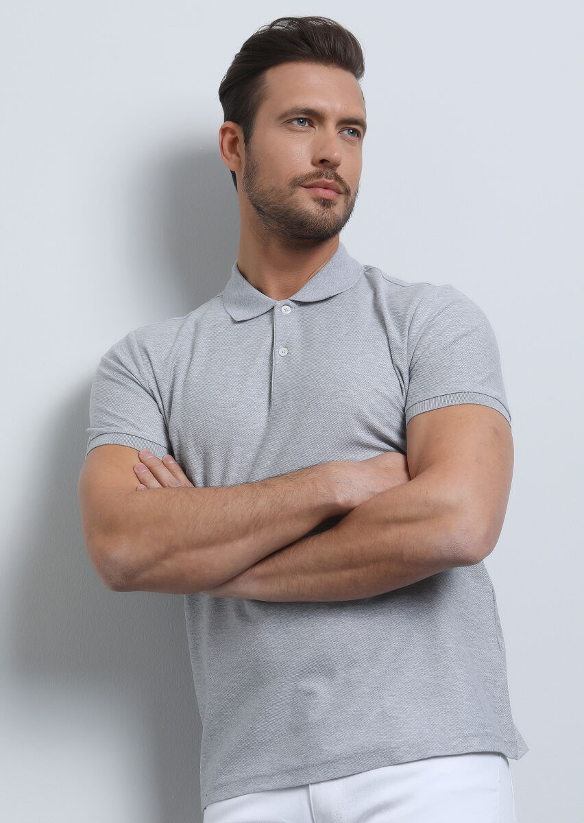 Gri Jakarlı Polo Yaka %100 Pamuk T-Shirt - 2