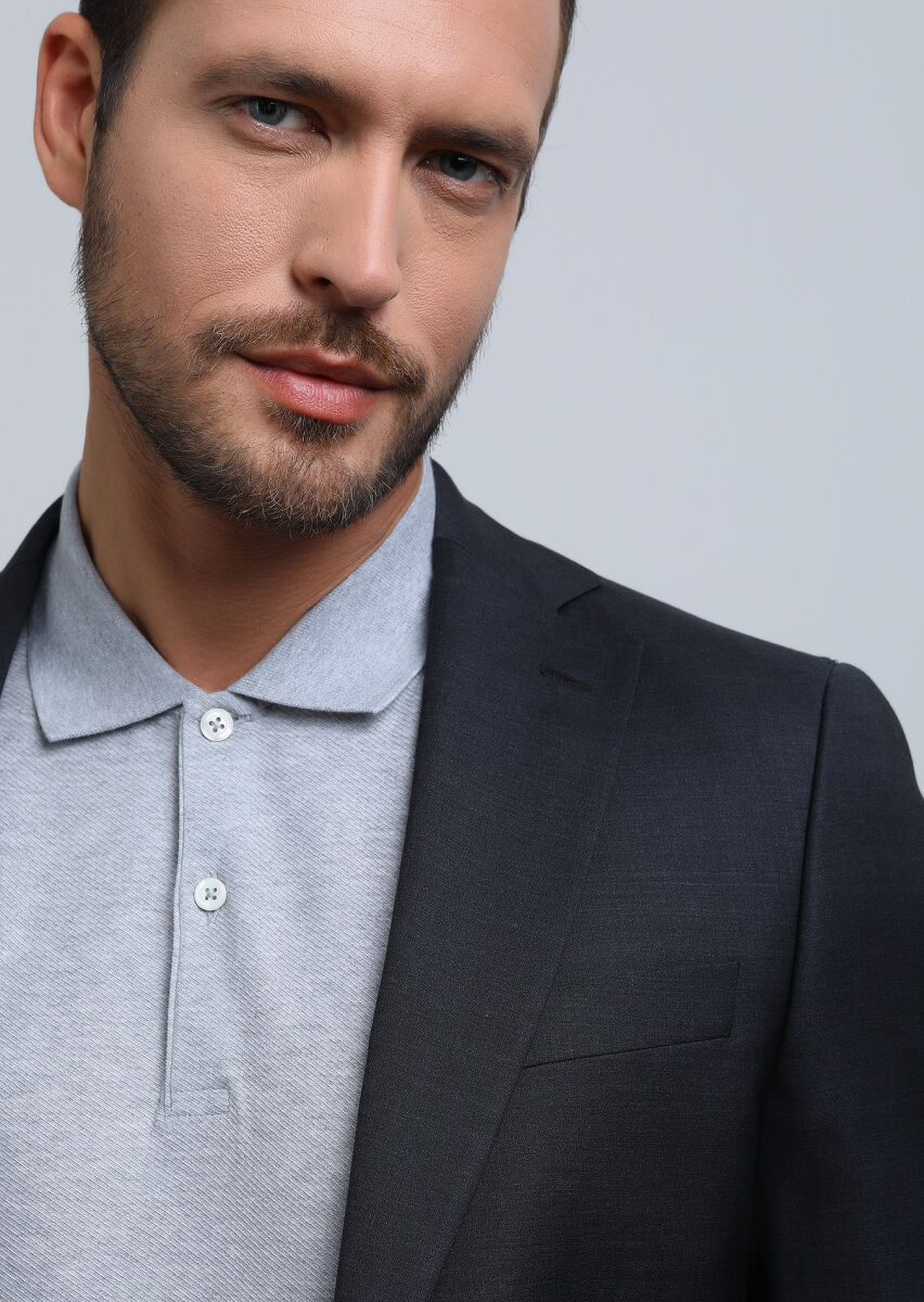 Gri Jakarlı Polo Yaka %100 Pamuk T-Shirt - 3