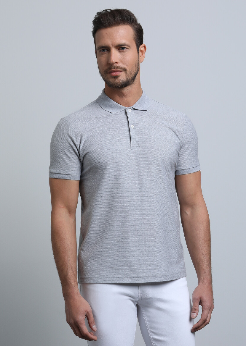 Gri Jakarlı Polo Yaka %100 Pamuk T-Shirt - 4