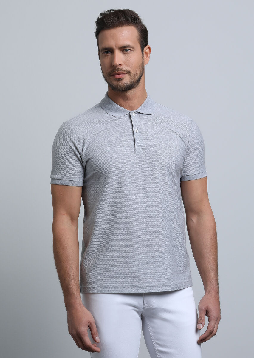 Gri Jakarlı Polo Yaka %100 Pamuk T-Shirt - 4
