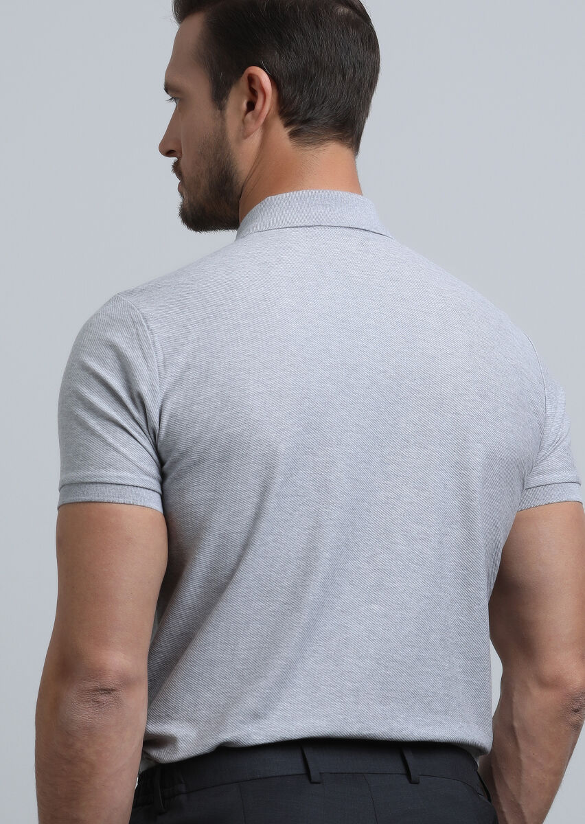 Gri Jakarlı Polo Yaka %100 Pamuk T-Shirt - 5