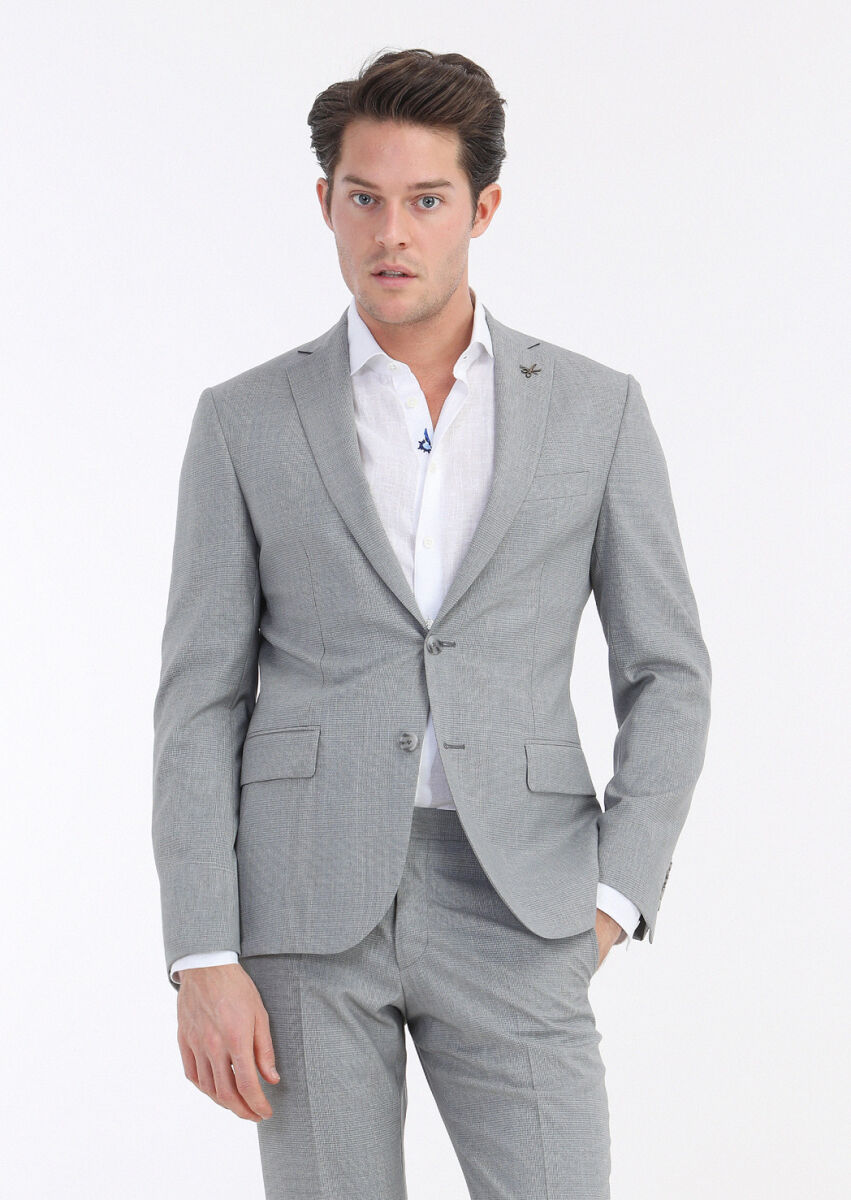 Gri Kareli Zeroweight Slim Fit %100 Yün Takım Elbise - 3